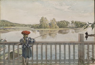 Lisbeth łowi ryby. Z cyklu Dom (26 akwarel) autorstwa Carl Larsson