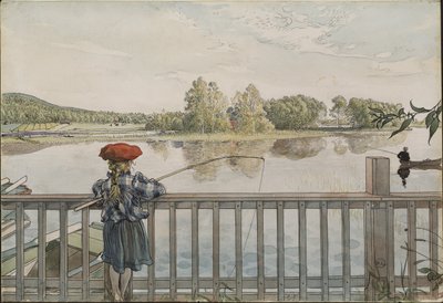 Lisbeth a la peche a la ligne - Lisbeth Angling, autorstwa Larssona, Carla (1853-1919). Akwarela i tempera na papierze. Wymiar : 32x43 cm. Muzeum Narodowe w Sztokholmie autorstwa Carl Larsson