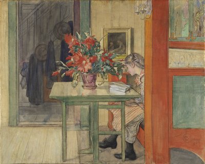 Lisbeth lisant - Lisbeth Reading, Larsson, Carl (1853-1919). Akwarela i tempera na papierze autorstwa Carl Larsson