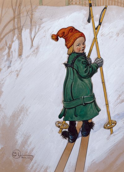 Mała dziewczynka na nartach autorstwa Carl Larsson