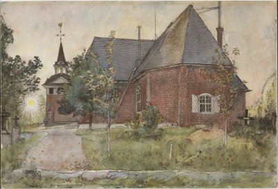 Stary kościół w Sundborn. Z cyklu „A Home” (26 akwareli) autorstwa Carl Larsson