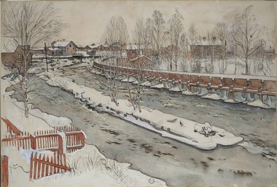 „Zsyp na drewno”. Scena zimowa. Z cyklu „Dom” (26 akwareli) autorstwa Carl Larsson