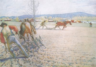 Dwaj mężczyźni z bronami pracowali metodycznie tam i z powrotem autorstwa Carl Larsson
