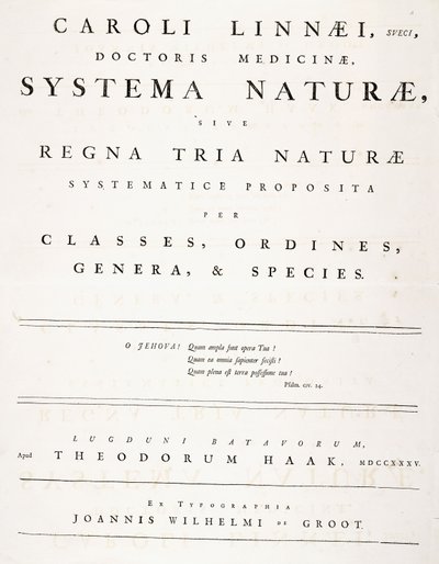 Strona tytułowa z „Systema naturae” autorstwa Carl Linnaeus