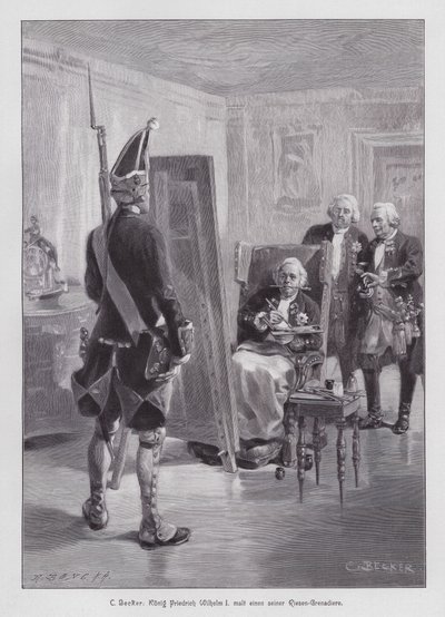 Król pruski Fryderyk Wilhelm I maluje grenadiera swojej Poczdamskiej Gwardii (rycina) autorstwa Carl Ludwig Friedrich (after) Becker