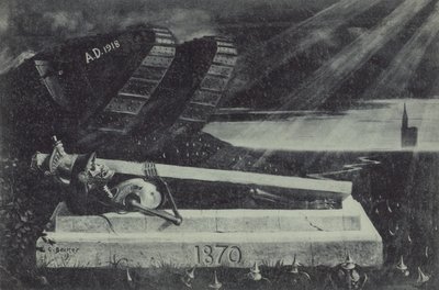 Zwycięski czołg aliancki z I wojny światowej przejeżdża obok grobu żołnierza francuskiej kawalerii z wojny francusko-pruskiej. (lito) autorstwa Carl Ludwig Friedrich Becker