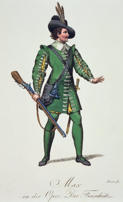 Max, szkic kostiumu dla Der Freischutz (strzelec wyborowy lub strzelec), autorstwa Carla Marii von Webera (1786-1826) autorstwa Carl Maria von Weber