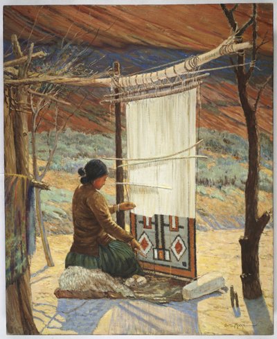 Navaho Weaver, Canyon de Chelly, Navaho Reserve (olej na płótnie zamontowany na panelu) autorstwa Carl Moon