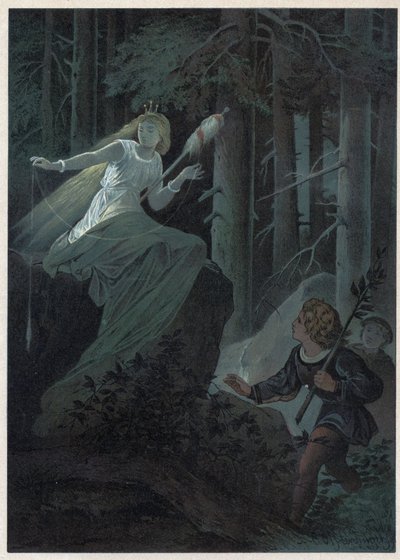 Opłata uciekająca ze złotym wrzecionem śpiewała losy złotego guzika. Ilustracja Carla Offterdingera (1829-1889) w „”Bouton d