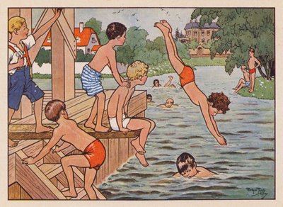 Pływanie i nurkowanie chłopców (kolorowa litografia) autorstwa Carl Robert Arthur Thiele