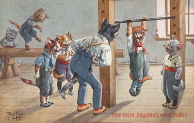 Humorystyczna pocztówka z kotem (kolorowa litografia) autorstwa Carl Robert Arthur Thiele