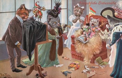 Humorystyczna pocztówka z kotem (kolorowa litografia) autorstwa Carl Robert Arthur Thiele