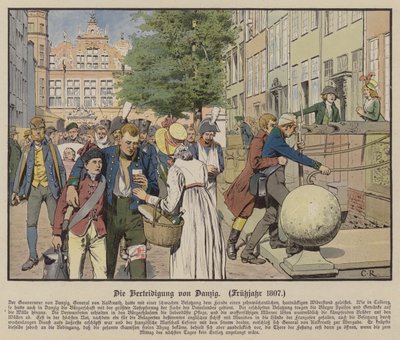 Cywile pomagający pruskim rannym podczas obrony Gdańska, wiosna 1807 (kolor lito) autorstwa Carl Röchling