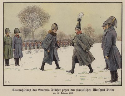 Wymiana schwytanych feldmarszałków pruskich i francuskich Gebhard Blucher i Claude Victor-Perrin, 20 lutego 1807 (kolor lito) autorstwa Carl Röchling