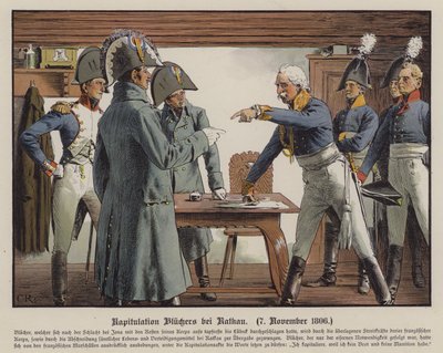 Feldmarszałek Blucher poddanie się Francuzom w Katekau, 7 listopada 1806 (kolor lito) autorstwa Carl Röchling