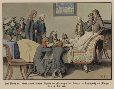 Król Fryderyk Wilhelm III Pruski i jego dwaj najstarszi synowie przy łożu śmierci królowej Luizy rankiem 19 lipca 1810 r. (kolor lito) autorstwa Carl Röchling