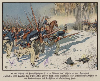 Piechota pruska atakująca w bitwie pod Eylau, 7-8 lutego 1807 (kolor lito) autorstwa Carl Röchling