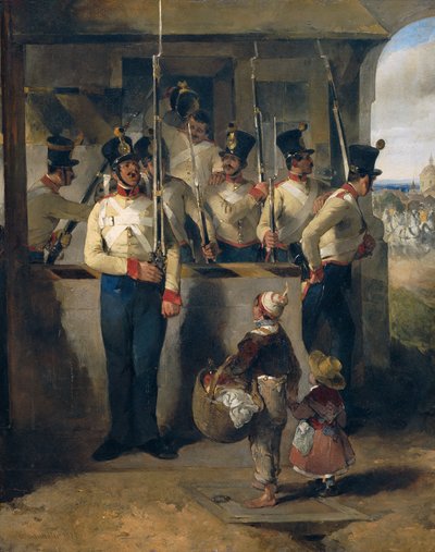 Strażnik krzyczy do pistoletu („Gun out!”) autorstwa Carl Schindler