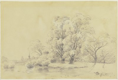 Krajobraz z drzewami nad wodą, w oddali wieża wiejskiego kościoła autorstwa Carl Spitzweg