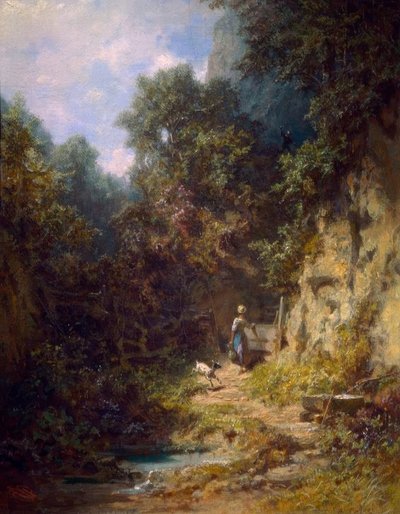 Dziewczyna z kozą, do której macha myśliwy autorstwa Carl Spitzweg