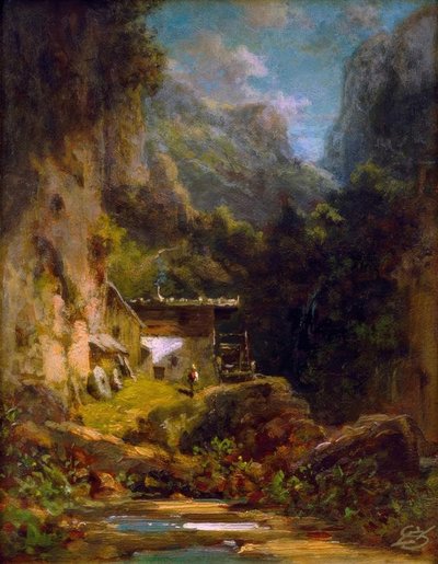 Młyn w leśnym wąwozie z figurą autorstwa Carl Spitzweg