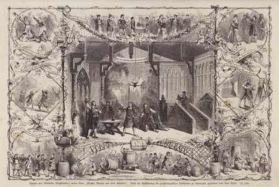Sceny z opery Meister Martin und Seine Gesellen (Mistrz Martin i jego towarzysze) niemieckiego kompozytora Wendelina Weissheimera, wykonane w Grossherzoglichen Hoftheater, Karlsruhe, Niemcy (ryty) autorstwa Carl Thiel