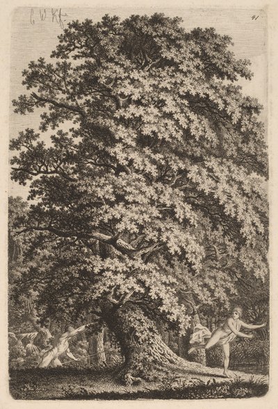 Duży dąb w Gehölz. Młody mężczyzna z włócznią podąża za młodą dziewczyną. autorstwa Carl Wilhelm Kolbe