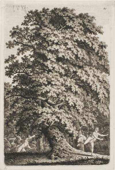 Kobieta uciekająca przed mężczyzną trzymającym lancę w lesie autorstwa Carl Wilhelm Kolbe the elder