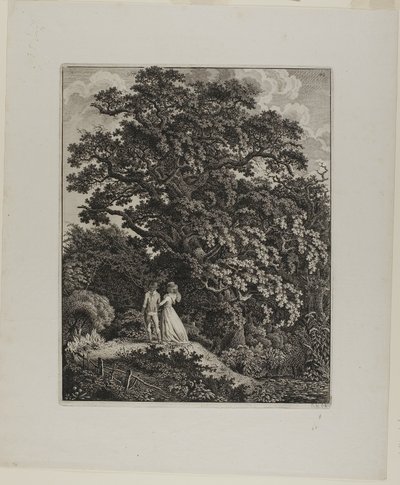 Leśny krajobraz z elegancką parą idącą pod dębem autorstwa Carl Wilhelm Kolbe, the elder