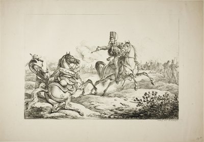 Huzar strzelający z pistoletu na niemieckiego dragona autorstwa Carle Vernet