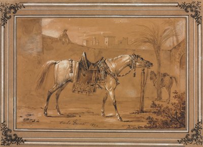 Osiodłany koń arabski na dziedzińcu autorstwa Carle Vernet