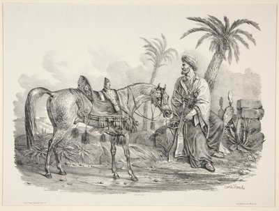 Siedzący Arab trzymający uzdę konia arabskiego autorstwa Carle Vernet
