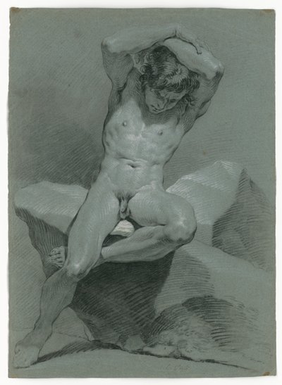 Studium aktu siedzącego mężczyzny z rękami skrzyżowanymi nad głową autorstwa Carle van Loo