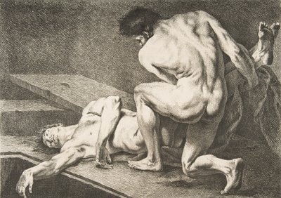 Académie: jeden człowiek podnoszący nogi drugiego człowieka, 1742-43. autorstwa Carle van Loo