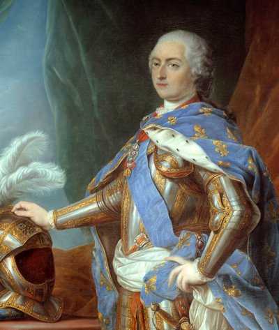 Szczegół „”Pełnowymiarowy portret Ludwika XV „” (1710-1774). Obraz Carle Van Loo (1705-1765) autorstwa Carle van Loo