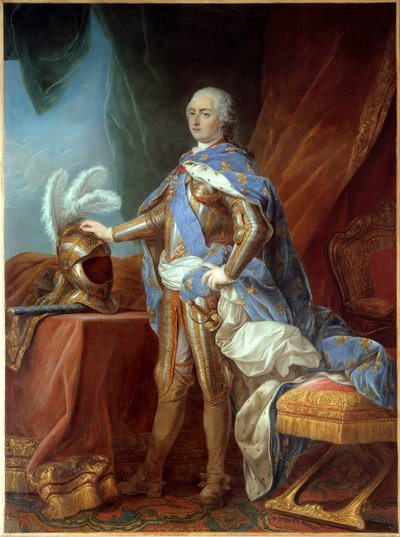 Portret u stóp Ludwika XV (1710-1774), w zbroi, ręka umieszczona na hełmie. Obraz Carle Van Loo (1705-1765), olej na płótnie (271 x 193 cm) autorstwa Carle van Loo