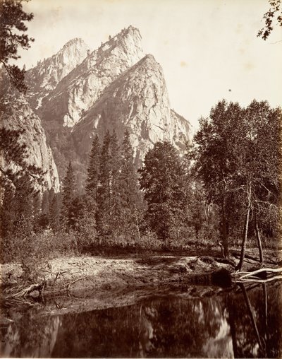 Trzej Bracia, Yosemite, ca. 1872, wydrukowany ca. 1876. autorstwa Carleton E. Watkins.
