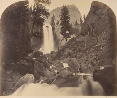 Góra Broderick w odległym centrum, Piroyac, Falling Crystals, Vernal Fall, 1861. autorstwa Carleton Emmons Watkins