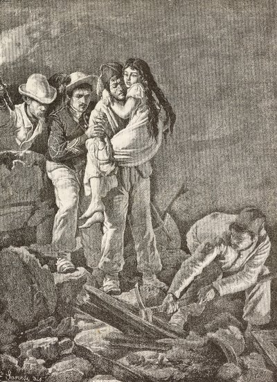 Dziewczyna zostaje uratowana po zawaleniu się jej domu, trzęsieniu ziemi w Casamicciola we Włoszech, rycina z rysunku E Sanesiego i obrazu Carlo Ademollo (1824-1911), z L