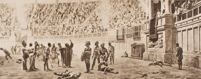 Mnich Almachius usiłujący powstrzymać walkę gladiatorów, ilustracja z „Zarysu historii” H.G. Wellsa, tom II, opublikowany w 1920 r. autorstwa Carlo Ademollo