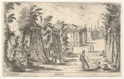 Widok z mężczyzną w turbanie i lwem stojącym po prawej stronie, namioty i klasyczny archite..., 1680-1710. autorstwa Carlo Antonio Buffagnotti