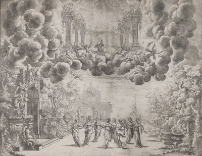 Scenografia z postaciami alegorycznymi, z „Idei wszystkich doskonałości… Piacenz…”, ca. 1690. autorstwa Carlo Antonio Forti