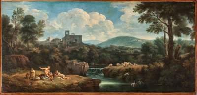 Krajobraz z rzeką, robotnicy ubrani w antyczne stroje i wioska Obraz Carlo Antonio Tavella dit Il Solfarola (1668-1738) Musei di Strada Nuova (ex Palazzo Bianco) Genes, Włochy autorstwa Carlo Antonio Tavella