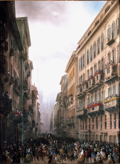 Karnawał na ulicy Mediolanu (olej na płótnie, ok. 1847) autorstwa Carlo Bossoli