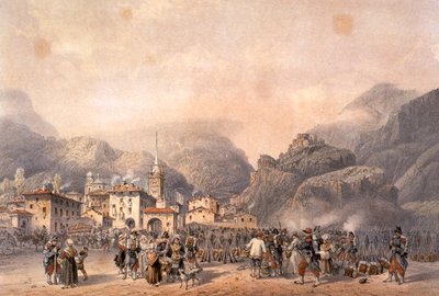 Francuski obóz w Suzie w 1859 r., Carlo Bossoli (1815-1884), rycina. Druga wojna o niepodległość, Włochy, XIX w. autorstwa Carlo Bossoli