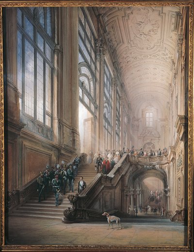 Król Wiktor Emanuel II, Cavour, ministrowie i dwór schodzą po schodach w Senacie w Turynie, po przemówieniu otwierającym w Parlamencie Regionu Subalpejskiego autorstwa Carlo Bossoli