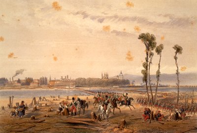 Francuzi mijający Sesię w Vercelli w 1859 r. – Carlo Bossoli (1815–1884), rycina. Druga wojna o niepodległość, Włochy autorstwa Carlo Bossoli
