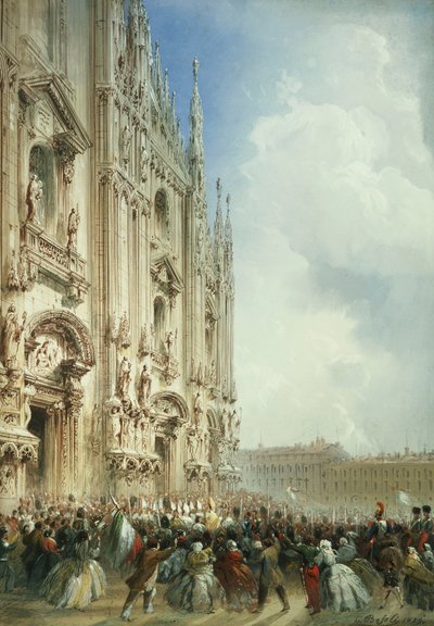Wojna we Włoszech: przybycie cesarza Napoleona III i króla Sardynii do katedry w Mediolanie, 1859 autorstwa Carlo Bossoli