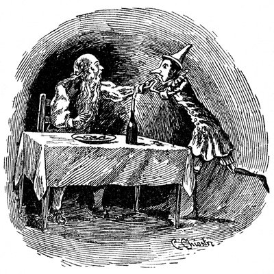 Ilustracja przedstawiająca Pinokia autorstwa Carlo Chiostriego (1863-1939), jednego z pierwszych włoskich ilustratorów dzieł Collodiego. Drewniana kukiełka znajduje swojego ojca Gepetto w brzuchu rekina, który je połknął. autorstwa Carlo Chiostri