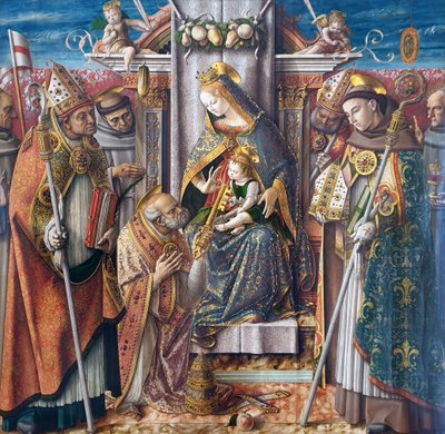 Jana Kapistrana, św. Emidiusza, św. Franciszka, św. Ludwika z Tuluzy, bł. Giacomo della Marca i biskupa: Madonna z Dzieciątkiem na tronie, przekazanie kluczy św. Piotrowi Apostołowi i św. autorstwa Carlo Crivelli